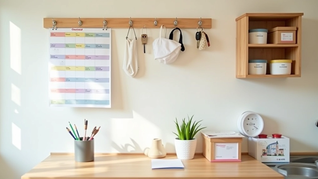 Organised wall calendar with color-coded family member schedules, mounted hooks for daily essentials, and clear labelled sections