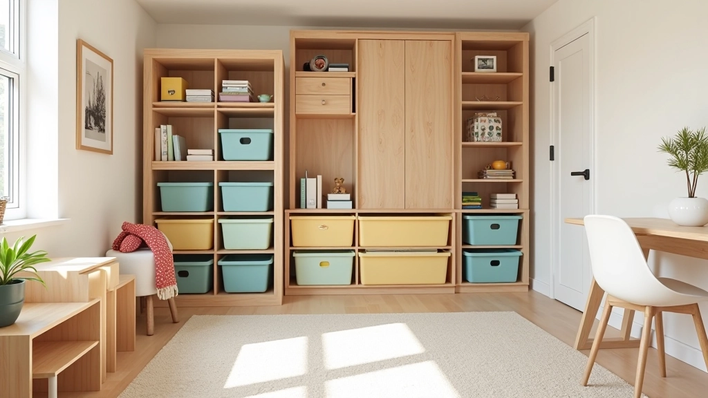 Children's bedroom with toy rotation system, labelled storage bins and organised playroom shelving