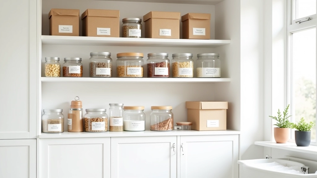 Modern kitchen with open pantry shelves displaying organized containers and labeled storage solutions