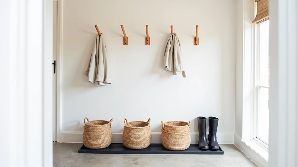 Spacious hallway with hooks at varying heights, woven baskets for rain gear storage, and a boot tray with drainage