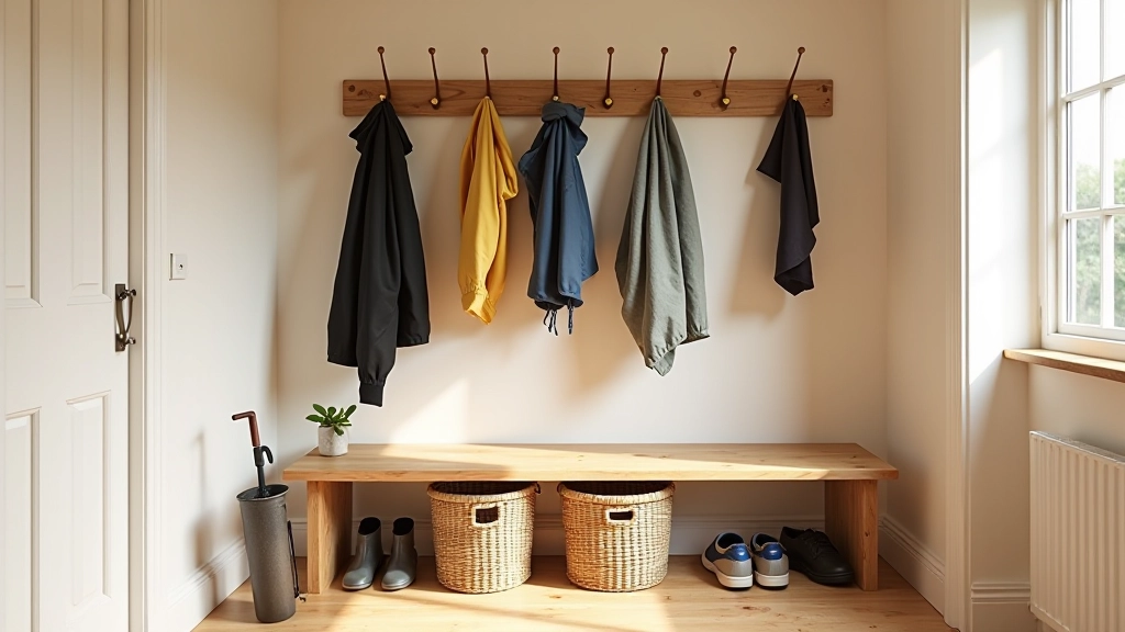 Mudroom with wooden hooks, labeled storage cubbies, and organized coat storage for rainy weather gear