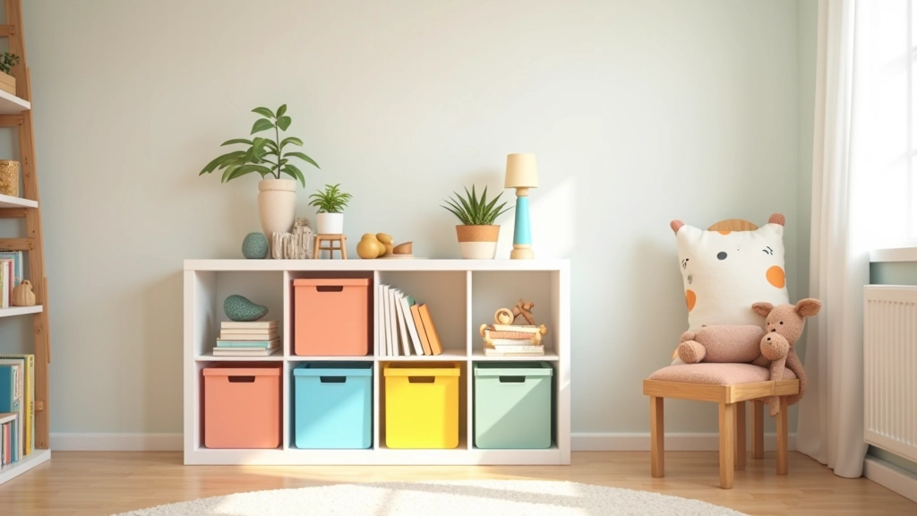 Bright children's bedroom with colour-coded storage bins and rotation system