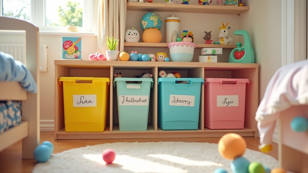 Children's bedroom with open shelving, labeled storage bins, and toy rotation system