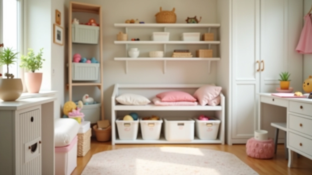 Child's bedroom with rotating toy system, labeled bins on shelves, some toys stored away in closed containers