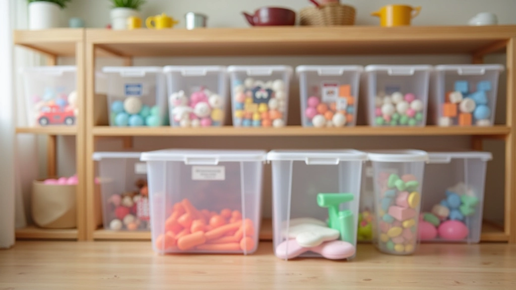 Transparent storage bins with colorful picture labels on wooden shelves, organized by toy category