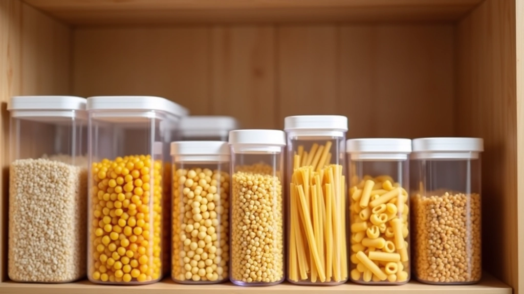 Close-up view of labeled clear containers arranged on pantry shelves with dry goods, showing labeling system
