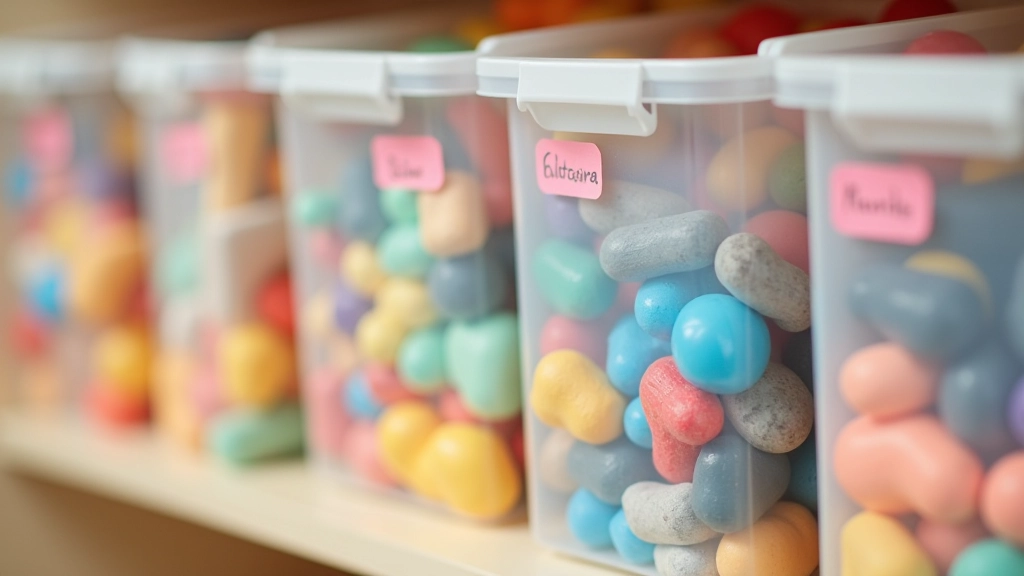 Close-up of colorful labeled storage containers with picture and word labels, organized children's items neatly arranged