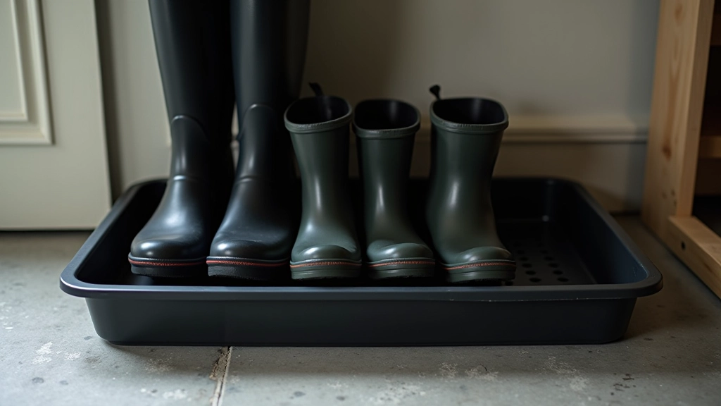 Drainage boot tray with pairs of wellies and outdoor shoes organized and drying after rain