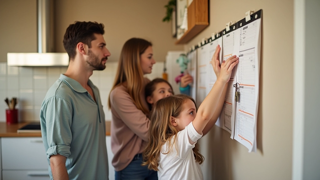 Family members using the command centre - checking calendar, grabbing keys, filing paperwork, organized and accessible system
