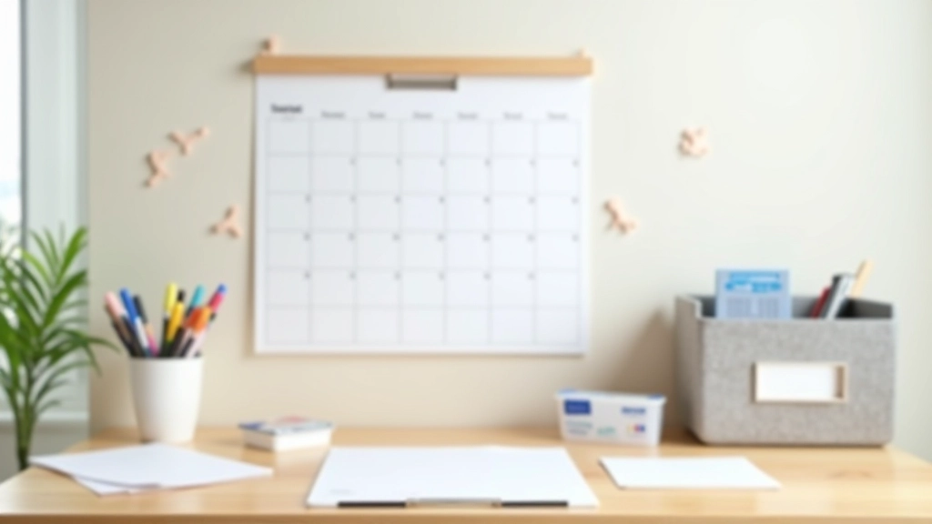 Supplies needed for command centre - calendar, hooks, filing trays, pens, and labels arranged on wooden table