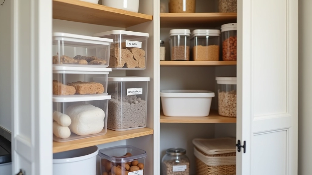 Kitchen press with acrylic shelf dividers organizing containers vertically with efficient use of depth