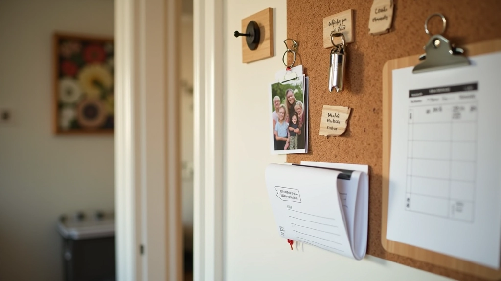 Kitchen wall with family command centre featuring calendars, key hooks, and organized paperwork system