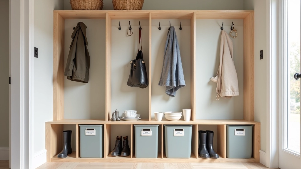 Mudroom hallway with organised coat hooks, boot storage and rainy weather gear systems