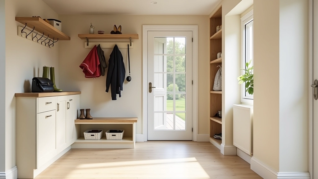 Organised mudroom with labelled coat hooks and boot storage