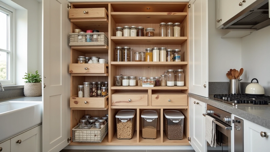 Organised kitchen press with pull-out baskets and clear containers