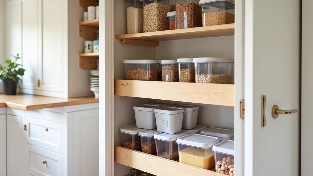 Kitchen pantry and press organisation with maximised shelving and labelled containers