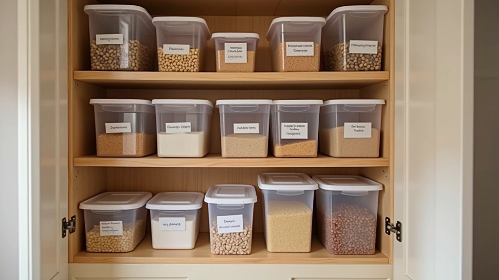 Organized kitchen press with clear containers stacked efficiently on shelves, showing different food categories