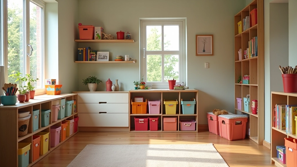 Children's playroom with distinct zones marked by different storage areas, creative station, reading nook, and play area clearly separated