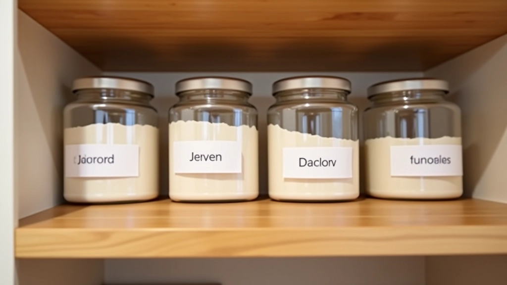 Labeled pantry containers with printed labels showing contents and expiration dates on storage containers