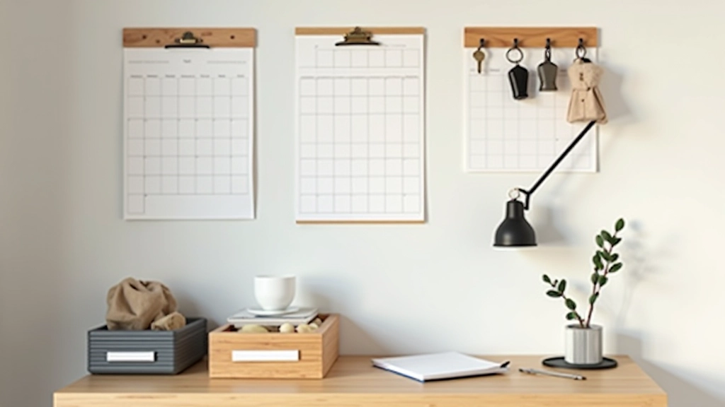 Three-zone family command centre showing wall calendar, key hooks with labels, and filing system for paperwork with color-coded folders
