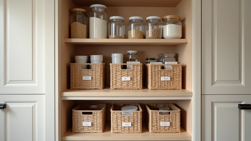 Before and after style image showing organized kitchen press transformation with labeled containers and efficient storage