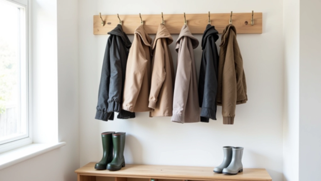 Wall-mounted drying rack with wet coats hanging and wellies positioned on lower wooden shelving to air dry