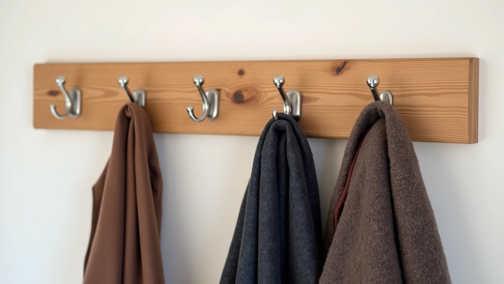 Wall-mounted wooden hooks in varying heights holding coats, scarves, and bags in an organized hallway